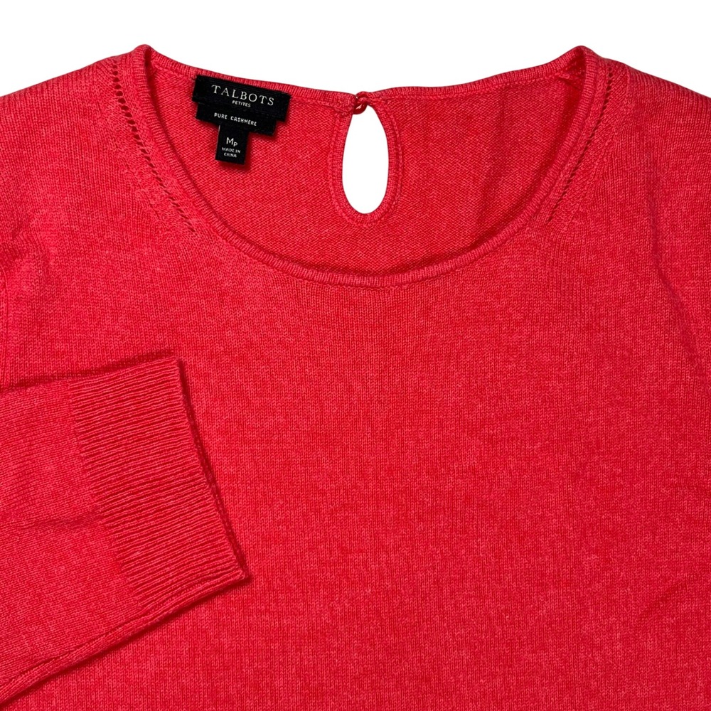 Talbots Cashmere Sweater Womens Medium Petite Coral Pink 3/4 Sleeve Keyhole Back
